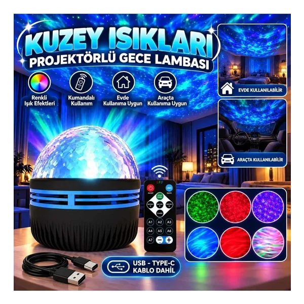 sgeteknoloji SGE TEKNOLOJİ KUZEY IŞIKLARI Yansıtmalı Kumandalı Dönen Projeksiyon Gece Lambası - Çocuk Bebek Odası