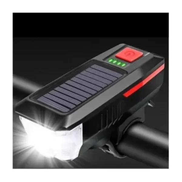 Solar Enerjili USB ile Şarj Edilebilir Ledli Bisiklet Feneri Kornalı ve Su Geçirmez Far
