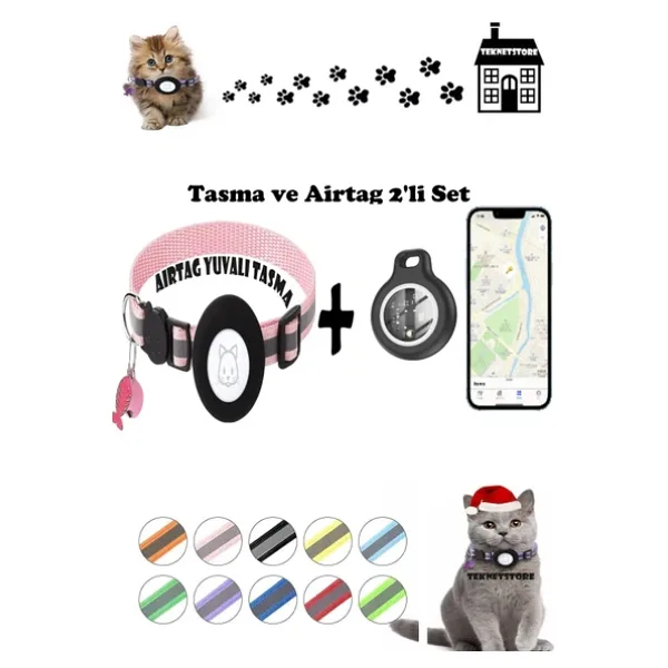 Takip Cihazı Ve Airtag Yuvalı Kedi Tasması 2'Li Set Ios Uyumlu Boyun Tasması Gps Pembe