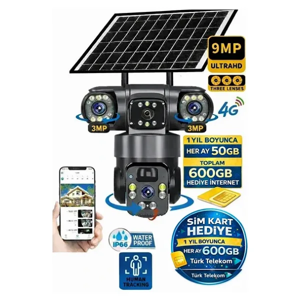 TRCharger Güneş enerjisi 9mp (3+3+3) Üç Kameralı Ultrahd 4g Güneş Enerjili Akıllı Güvenlik Kamerası