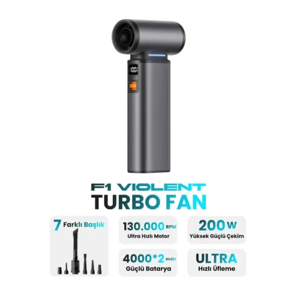 Violent Turbo Jet Fan 130000RPM Ultra Güçlü Motor Güçlü Vakum 4000MAH Bataryalı Üflemeli - Gri