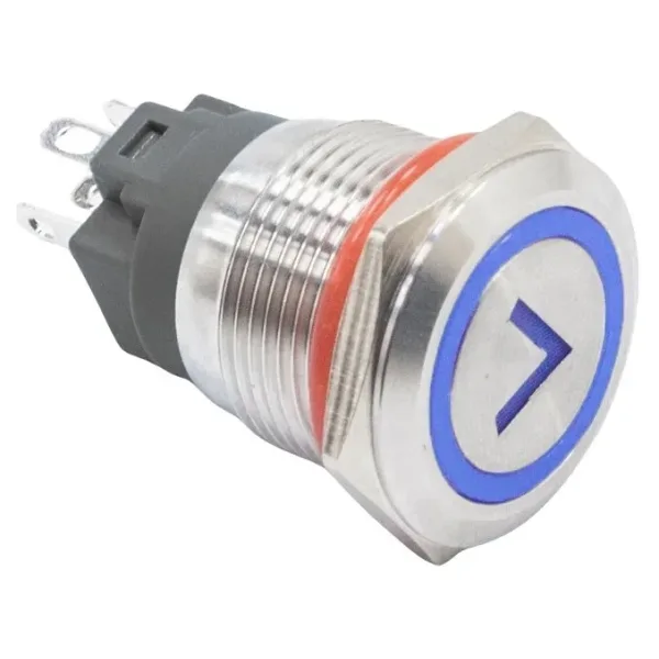 WD19A-P1-ET 19mm Düz Yaylı Işıklı Ok İşaretli Metal Buton - Mavi