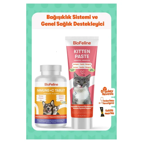 BioFeline Yavru Kedi Destek Seti - Büyüme Dönemi Tablet + Yavru Kedi Maltı, C Vitaminli Gelişim Paketi Kitten Malt