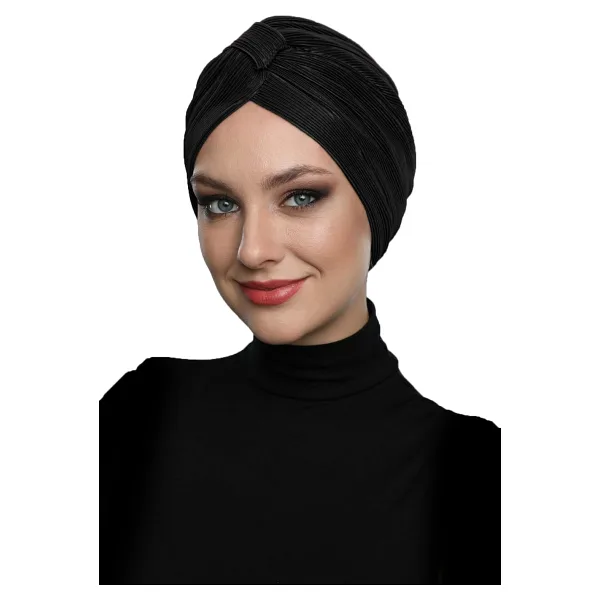Çapraz Plise Bantlı Astarlı Siyah Hazır Türban Tesettür Havuz Bonesi
