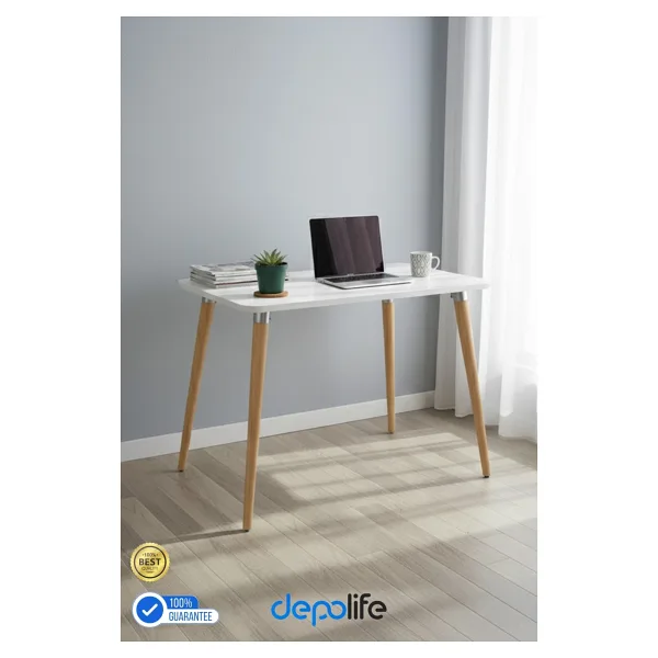Depolife Ahşap Ayaklı Mutfak Salon Yemek Masası 60x90 Cm Gürgen Masif Ayak Beyaz Çalışma Masası Ceviz