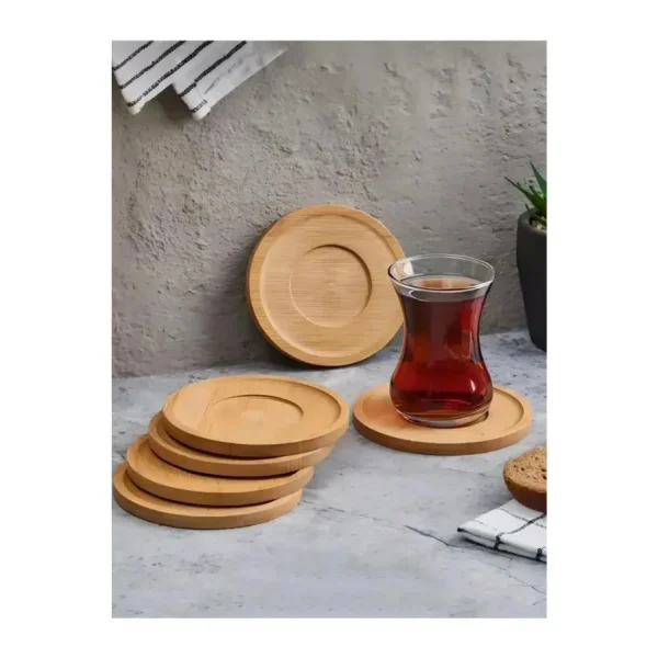 DEZİ 6'lı Bambu Çay Tabağı Seti, Yuvarlak Bambu Çay Bardağı Altlığı