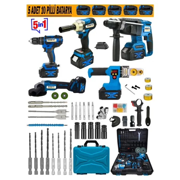 Eisenn Germany Akülü 5 Li Set E-05M1 Şarjlı Matkap + Kırıcı Delici + Somun Sıkma + Taşlama + Boru Kaynak Makinesi Taşıma Çantalı