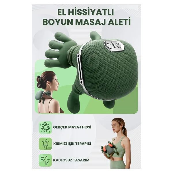Enshall Şarjlı El Hissiyatlı Avuç Içi Kızılötesi Isıtmalı Boyun Omuz ve Sırt Masaj Aleti - Rahatlatıcı Masaj Cihazı - Yeşil