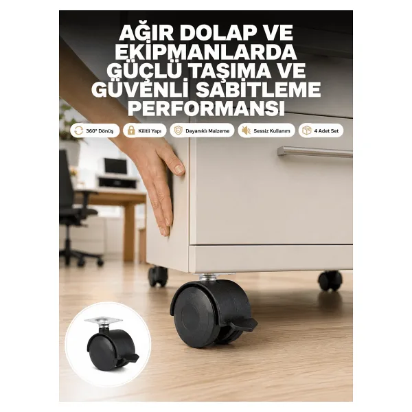 Kilitli Mobilya Tekerleği 6 cm 4'lü Kolay Kurulum
