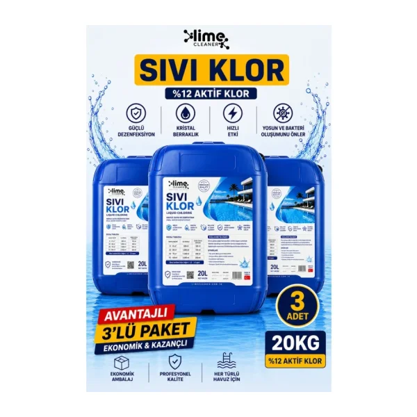 Lime Cleaner Sıvı Klor %12 Aktif Klor 20 Kg x 3 Adet (60 Kg) Profesyonel Havuz Şoklama ve Dezenfektanı