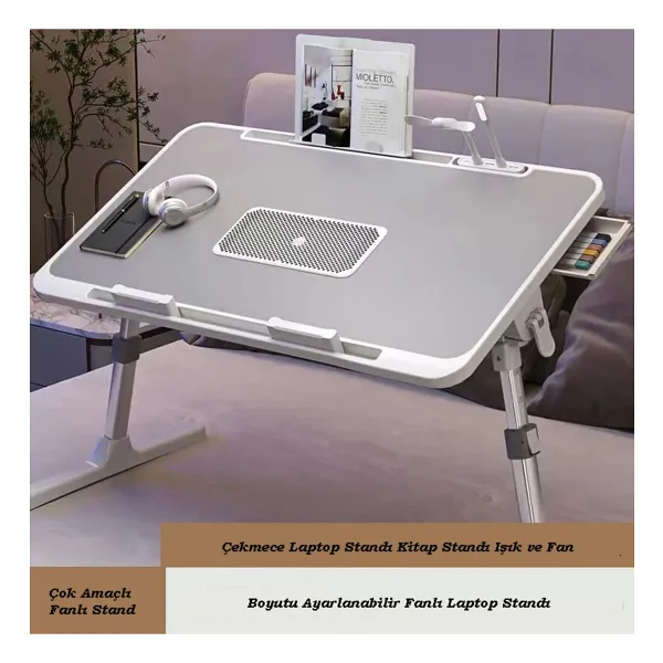 Monozone Yükseklık Ayarlı Fanlı Laptop Sehpası Notebook Standı Kitaplık Tutacağı+Lamba+Fırfır Hediye