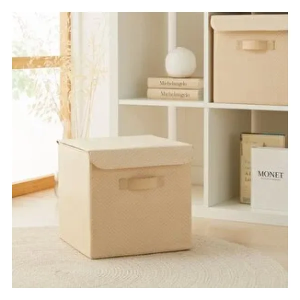 Ocean Home Textile Bej Balıksırtı Kapaklı Kutu 30 x 30 x 30 cm