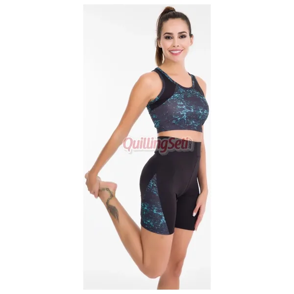 Quilling Siyah Renk Ve Mavi Desenli Lady 4003 Kadın Kısa Tayt Büstiyer Spor Takım