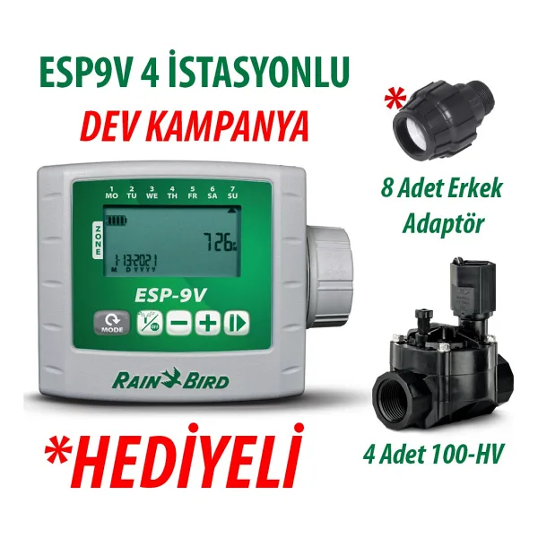 Rain Bird ESP9VI4 Pilli Kontrol Ünitesi 9V. 4 Istasyonlu ve 4 Adet 100HV 9V. Vana Seti