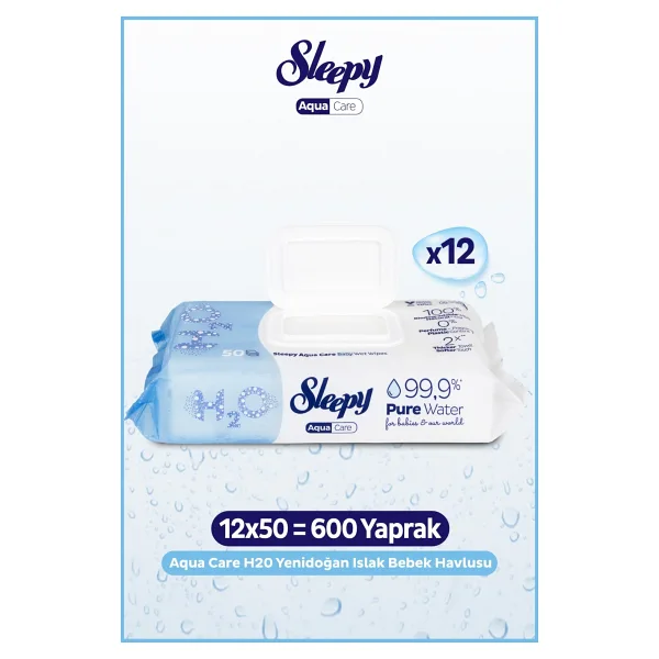Sleepy AquaCare H2O Yenidoğan 50 Yaprak 12'li Paket Islak Mendil