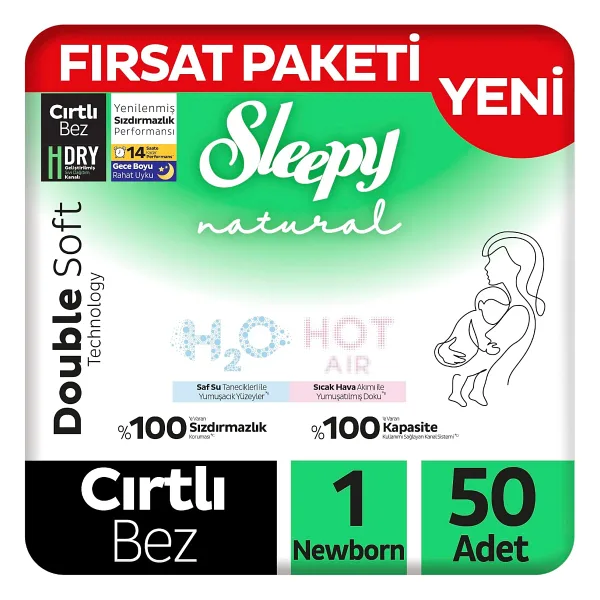 Sleepy Natural Double Soft 1 Numara Yenidoğan 50'li Bebek Bezi