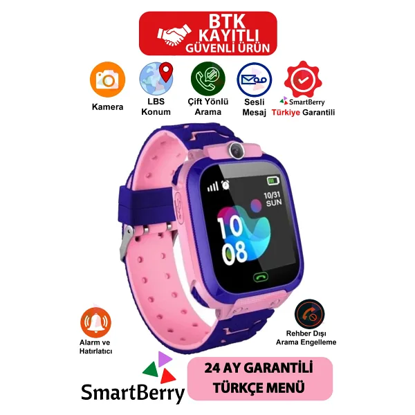 Smartberry Z3 Lbs Konumlu Akıllı Çocuk Takip Saati Sim Kartlı Arama, Kameralı, Gizli Dinleme Özellikli-pembe