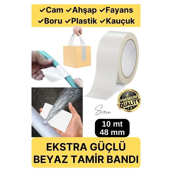 Svein Premium Çok Amaçlı Su Geçirmez Sızdırmaz Dayanıklı Izole Beyaz Tamir Bandı 48 Mm 10 Mt 1 Adet