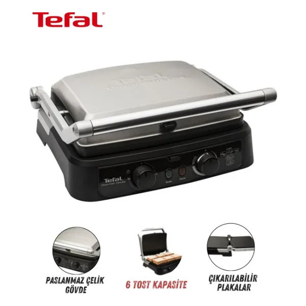 Tefal 5 Kademeli Premium Izgara ve Tost Makinesi, Zaman Ayarlayıcılı, Çıkarılabilir Döküm Plaka, Paslanmaz Çelik Gövde, + Onerous Mutfak Tartısı - Gümüş