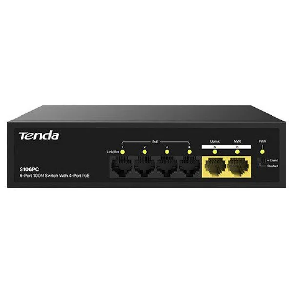 TENDA S106PC 6 PORT 10/100 4 PORT POE 2 PORT UPLINK 55w YONETILEMEZ DESKTOP SWITCH
