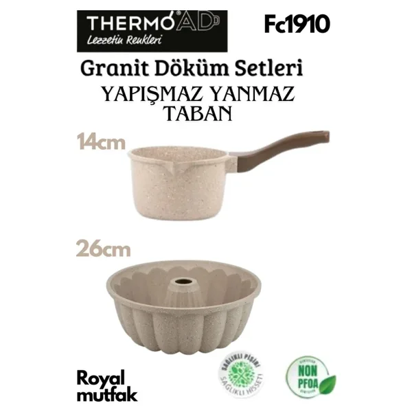 ThermoAD Granit Döküm Vizon Renk Granit Sütlük -Sosluk + Döküm Sık Dilimli Kek Kalıbı 26 Cm