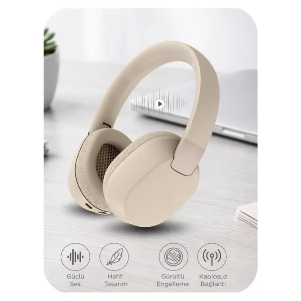 Torima HD50 Bej Kulak Üstü Bluetooth Kulaklık