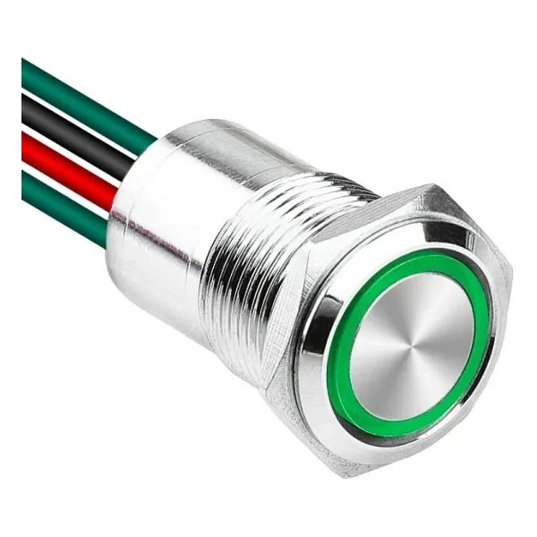 WD16D1-P2-E 16mm Düz Yaylı Işıklı Kablolu Metal Buton - Yeşil