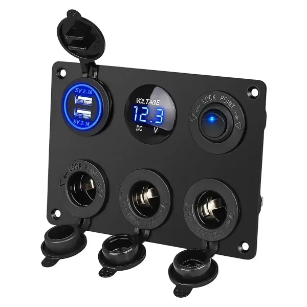 3'lü Dişi Çakmaklık Soketi 2x5V USB Voltaj Göstergeli ve Mavi Nokta Işıklı Anahtar Switch Panel