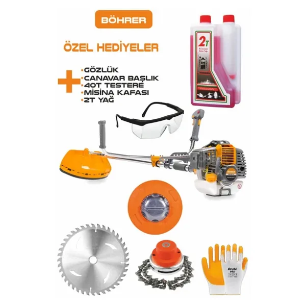 Böhrer 15HP /h Yan Tipi Benzinli Ot Çalı Çim Biçme Tırpan Makinesi + Canavar+Yağ+Gözlük+Eldiven