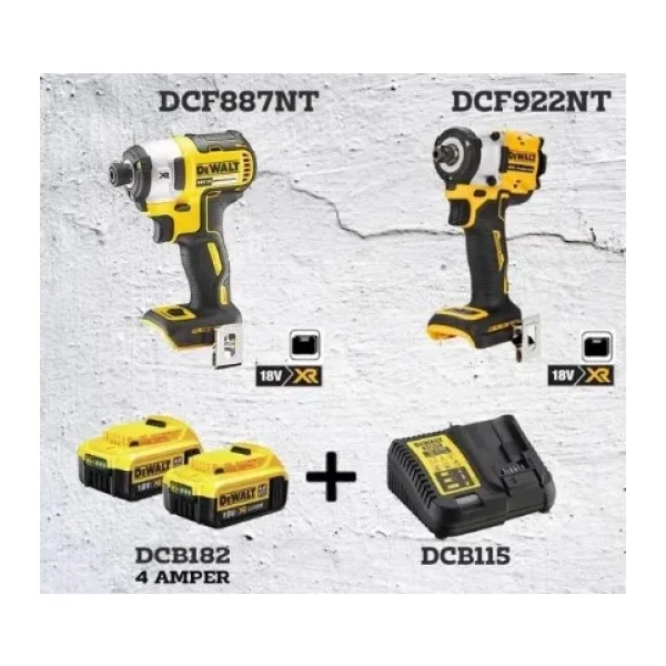 Dewalt DCF887NT Şarjlı Darbeli Tornavida + DCF922NT Şarjlı Somun Sıkma 2X4AH Akü 1 Adet Dolum Cihazı