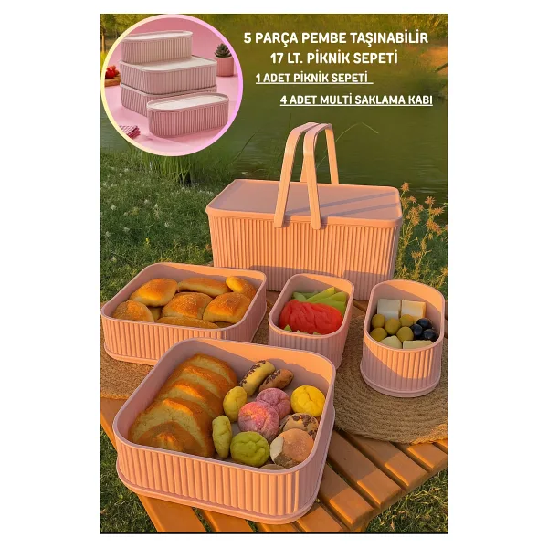 İ&A HOME 5 PARÇA PEMBE TAŞINABİLİR 17 LT. PİKNİK SEPETİ