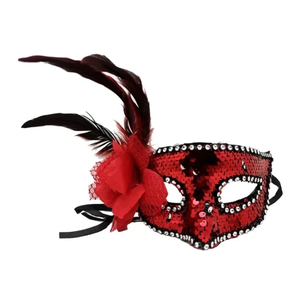 Kirmizi Renk Yandan Tuylu Gullu Gumus Tasli Pullu Maske 20X22 Cm