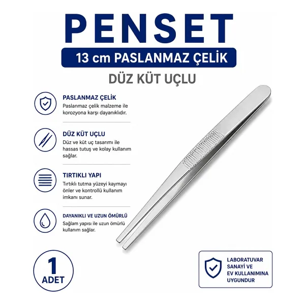 Labolist Penset Düz Küt Uçlu 13 cm Paslanmaz Çelik