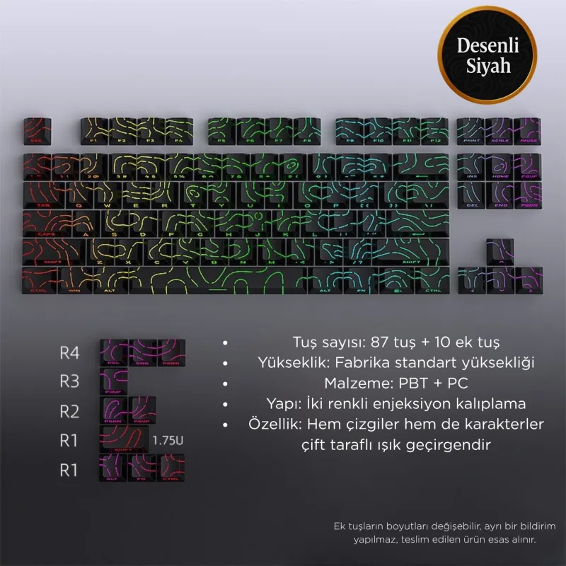 Leaven Mekanik Klavye Kontur Keycaps Seti- 97 Tuş Şeffaf Rgb Uyumlu Çizgili Tuş Takımıı - Beyaz - Siyah