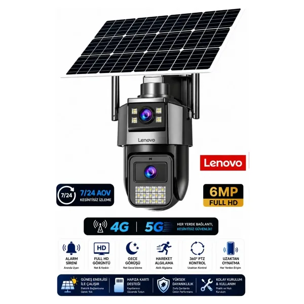 Lenovo G4s4 Dual Lensli 4G Sım Kartlı 360° Ptz Solar Güvenlik Kamerası Güneş Panelli Gece Görüşlü Dış Mekan