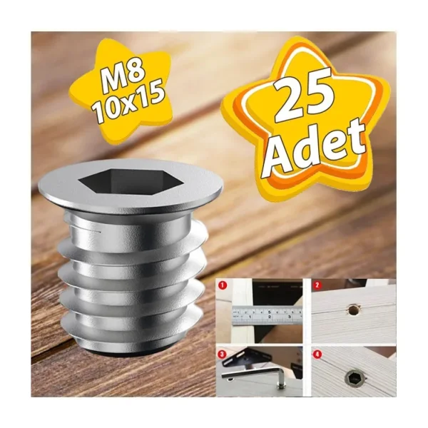 Metal Düz Dişli Dübel Ahşap Dübeli M8 10X15 Diş Çinko Mobilya Bağlantı Ünite Birleştirme (25 Adet)