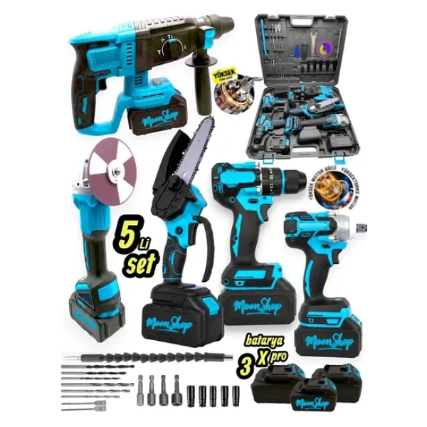Moonshop Profesyonel Şarjlı Darbeli 5'li Set 2-26 Hilti 125mm Taşlama 13mm Matkap 650nm Somun Sökme Dal Budam