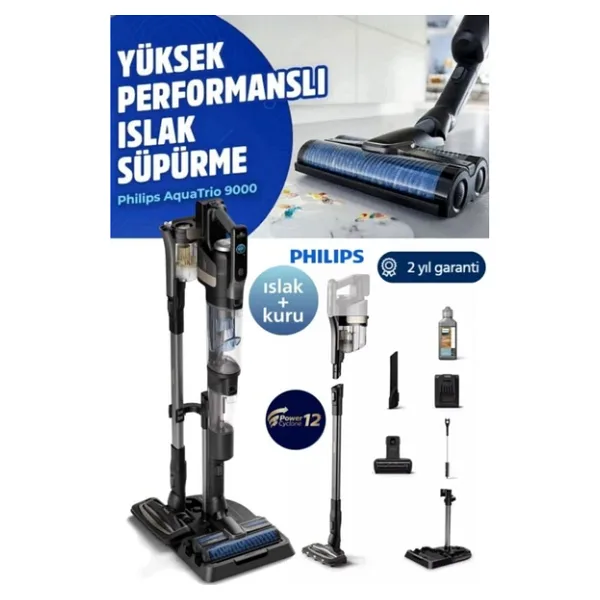 Philips Aqua Trio Serisi 3'ü 1 Arada Dikey Şarjlı Süpürge Siyah 9000