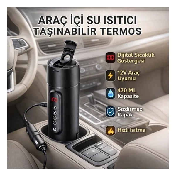 Polham Araç İçi Su Isıtıcı 470 ML - Dijital Sıcaklık Göstergeli Taşınabilir Termos 12V Çakmaklık U