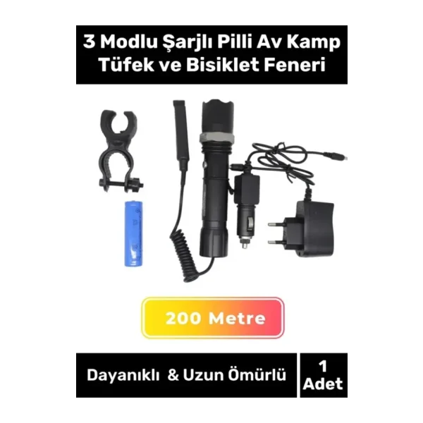 Premium 200 Metre Menzilli Beyaz Işıklı 3 Modlu Şarjlı Pilli Av Kamp Tüfek ve Bisiklet Feneri