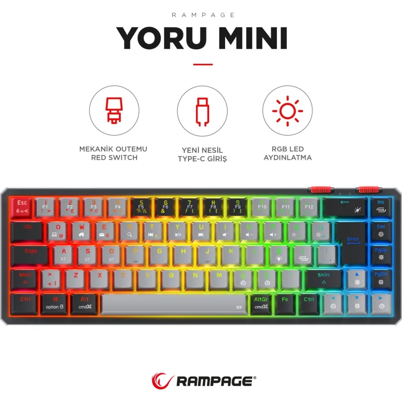 Rampage Yoru Mini Gri-Siyah RGB TKL Red Switch Kablolu Mekanik Oyuncu Klavyesi