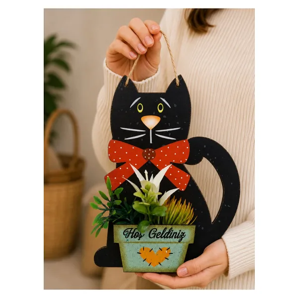 rosfloa rf Kedi Figürlü Kapı Süsü Yapay Çiçekli Ahşap Kapı Dekoru Ev Giriş Süsü (23 cm)