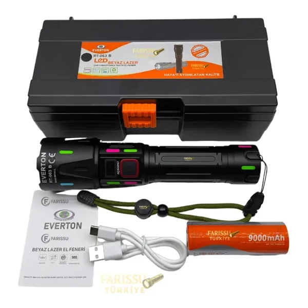 RT-063 B 60W 6000 Lümen Ultra Güçlü Beyaz Lazer LED El Feneri - 2 KM Menzilli & Powerbank Özellikli