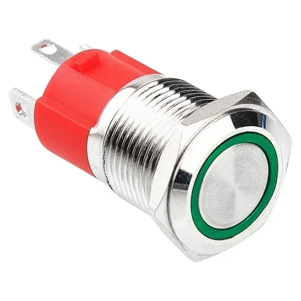 WD16D-P1-E 16mm Düz Yaylı Işıklı Metal Buton - Yeşil