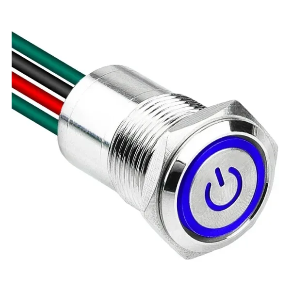 WD16D1-P2Z-EC 16mm Düz Anahtarlı Işıklı Power Kablolu Metal Buton - Mavi
