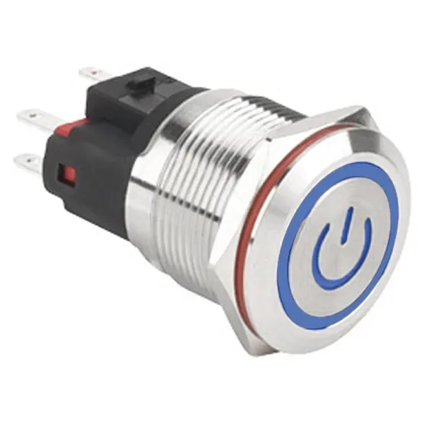 WD22E-P1-EC 22mm Düz Yaylı Işıklı Power Metal Buton - Mavi