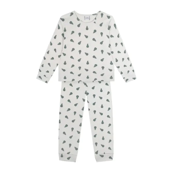 Antebies Organik Gri Yeşil Armut Desenli Beli Lastikli Uzun Kollu Erkek Çocuk Pijama Takımı - 9 - 10 Yaş