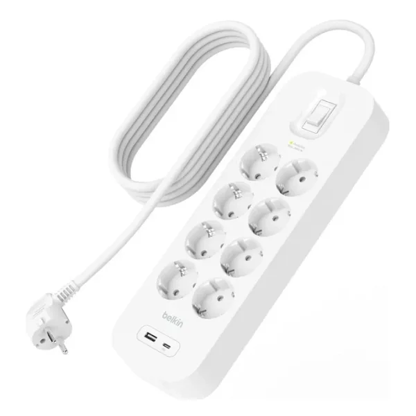 Belkin 8'li çoklu priz, yüksek gerilim korumalı, duvara montaj, 8 priz, 2 m güç kablosu, yeşil ışıklı gösterge, hızlı şarj için USB-C PD'li 2 USB C bağlantısı, 900 jul koruma