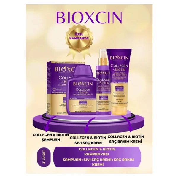 Bioxcin Collagen & Biotin Hacim Şampuanı 300 Ml + Saç Kremi 250 Ml + Sıvı Saç Kremi 150 Ml 3'lü Set
