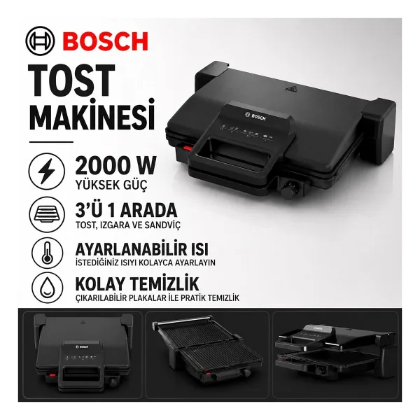 Bosch Siyah Renkli 2000 W Tost ve Izgara Makinesi, Geniş Pişirme Alanı, Ayarlanabilir Isı Seviyesi ve Kolay Temizlenen Plaka Yapısıyla Pratik Kullanım ve Günlük Mutfak Kullanımına Uygun Pratik Çözüm